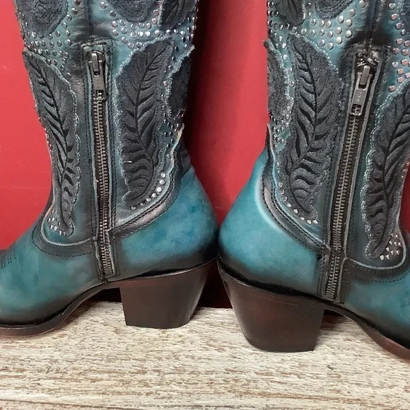 CORRAL Willow Over The Knee  Black & Turquoise Western Boots ~3” Heel Inside Zip - Picture 8 of 16